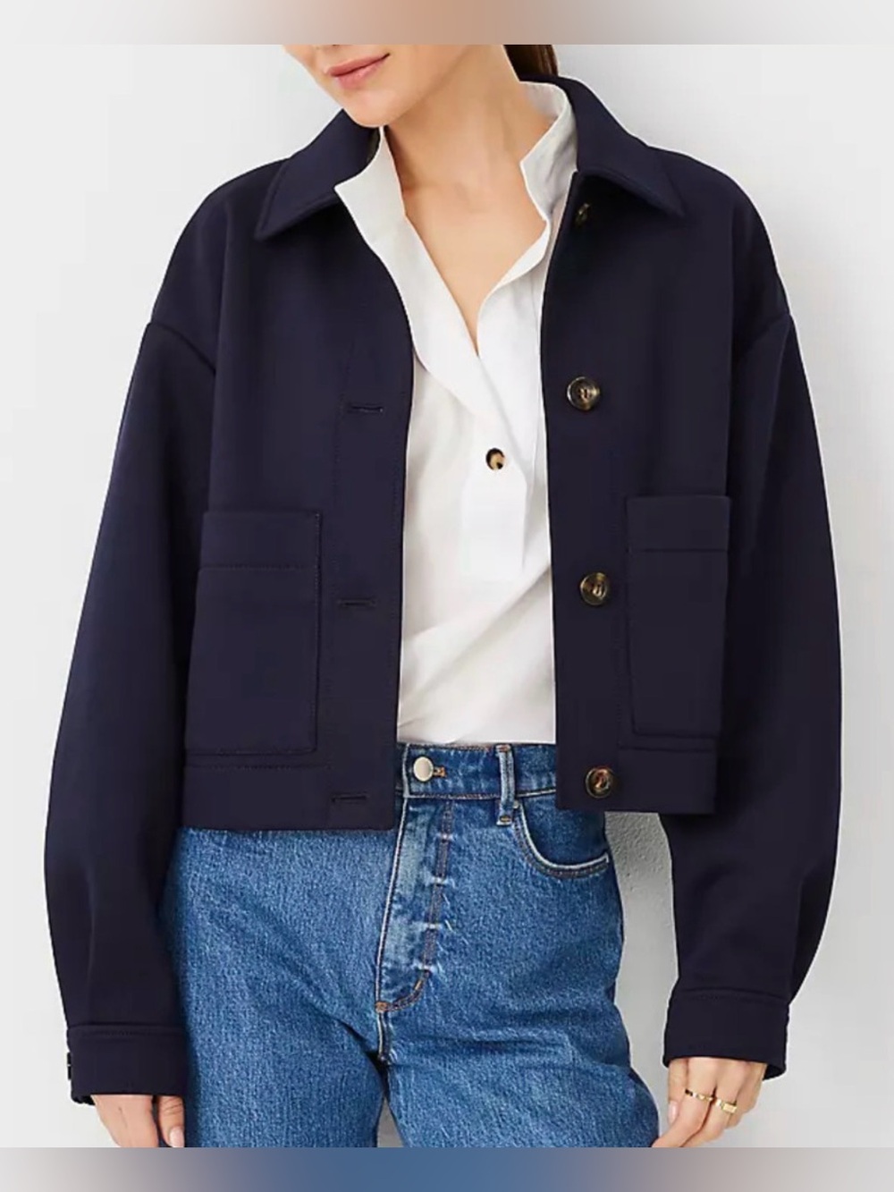 NEW ANN TAYLOR AT WEEKEND NIGHT SKY BLUE PETITE CROPPED SHIRT JACKET XXSP XXS